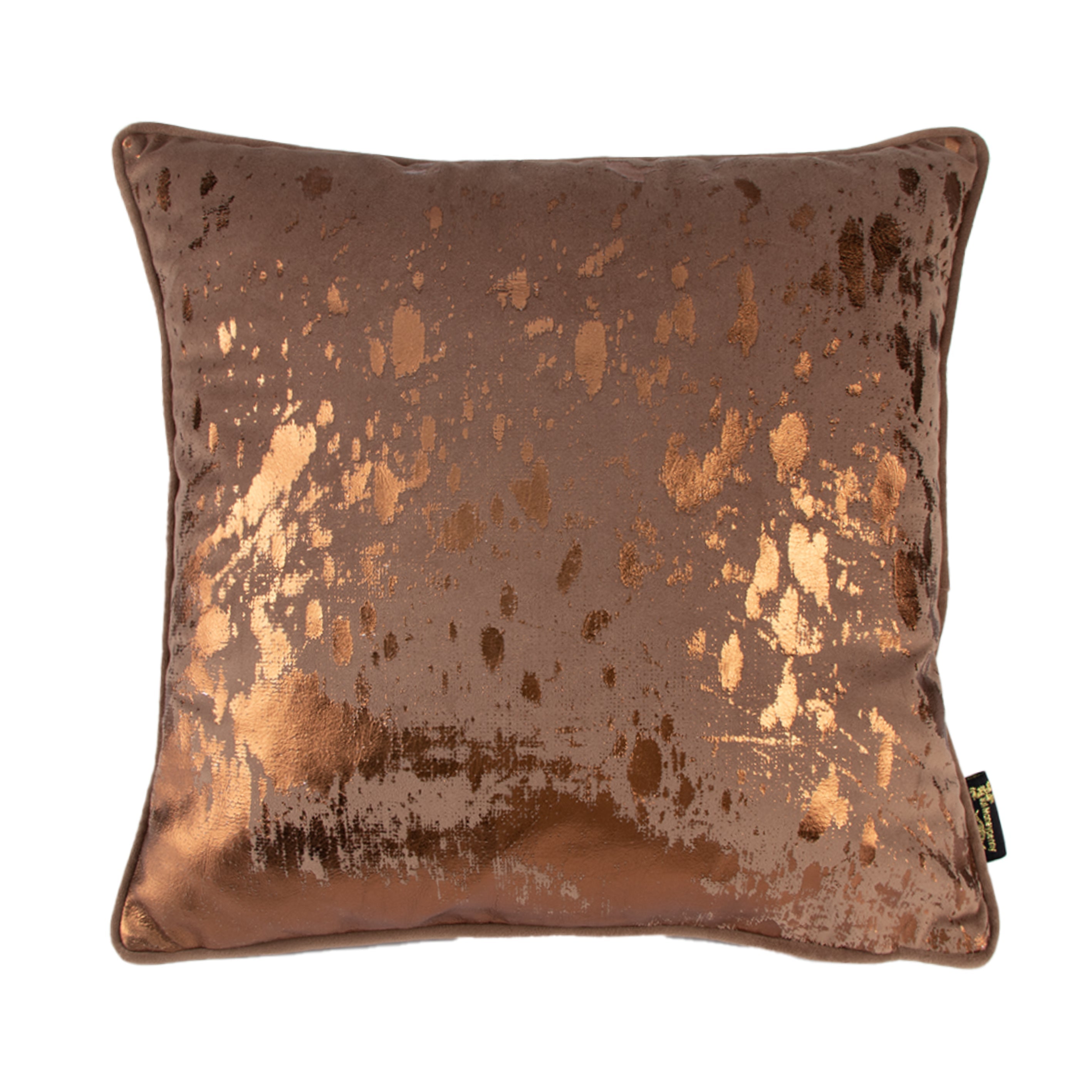 Malini Damnhot Bronze Foil Splash Cushion On Taupe Square Cushion